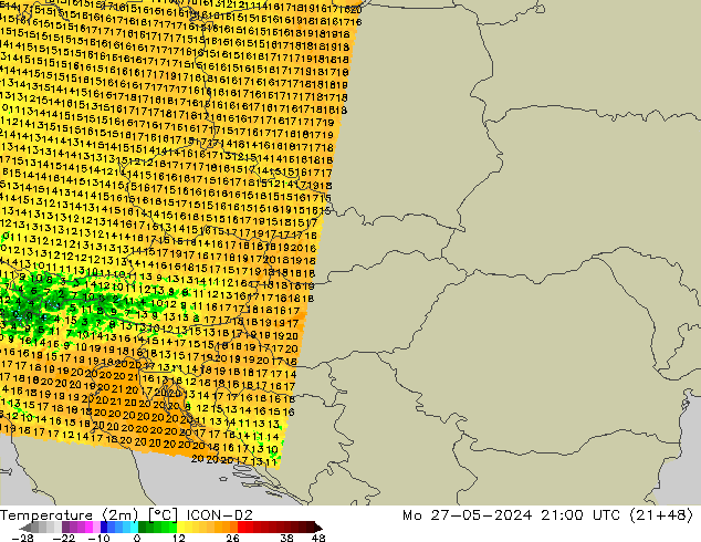 Temperature (2m) ICON-D2 Po 27.05.2024 21 UTC