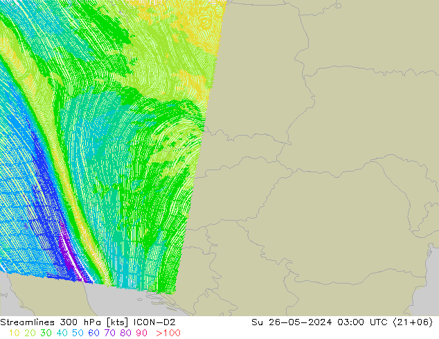 Streamlines 300 hPa ICON-D2 Su 26.05.2024 03 UTC