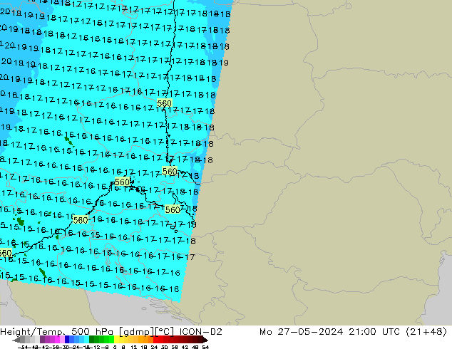 Height/Temp. 500 hPa ICON-D2 Seg 27.05.2024 21 UTC