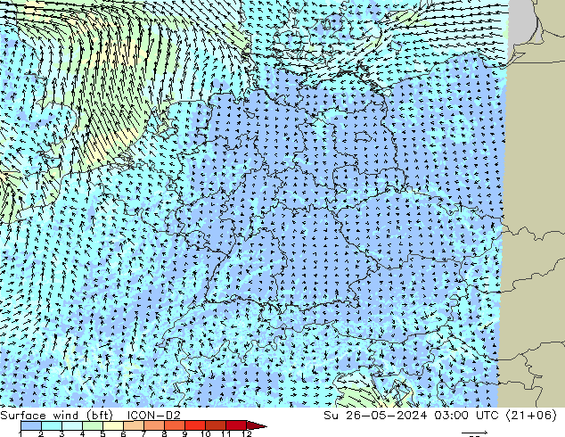 Surface wind (bft) ICON-D2 Su 26.05.2024 03 UTC