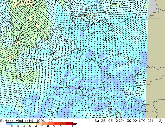 Surface wind (bft) ICON-D2 Su 26.05.2024 09 UTC