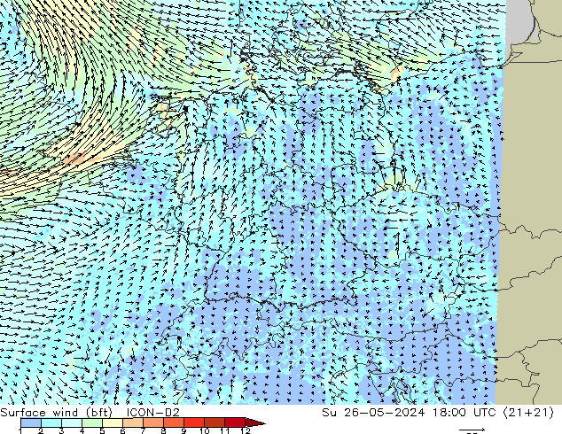 Surface wind (bft) ICON-D2 Su 26.05.2024 18 UTC