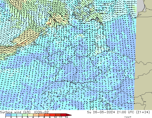 Surface wind (bft) ICON-D2 Ne 26.05.2024 21 UTC