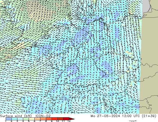 Viento 10 m (bft) ICON-D2 lun 27.05.2024 12 UTC