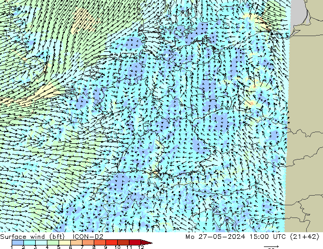 Viento 10 m (bft) ICON-D2 lun 27.05.2024 15 UTC