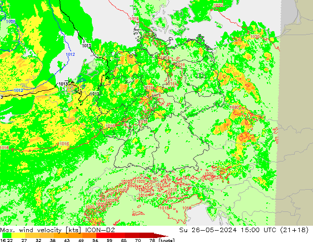 Max. wind velocity ICON-D2 dom 26.05.2024 15 UTC