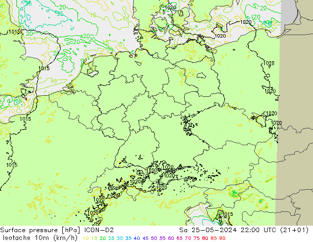 Isotaca (kph) ICON-D2 sáb 25.05.2024 22 UTC