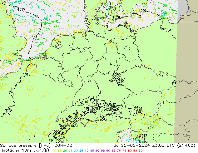 Isotachen (km/h) ICON-D2 za 25.05.2024 23 UTC