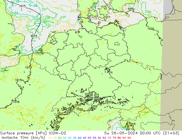 Isotachs (kph) ICON-D2 Ne 26.05.2024 00 UTC