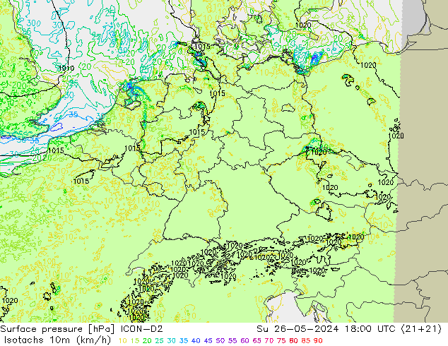 Isotachs (kph) ICON-D2 Su 26.05.2024 18 UTC