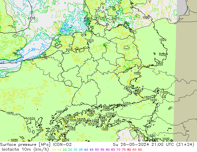 Isotachen (km/h) ICON-D2 zo 26.05.2024 21 UTC