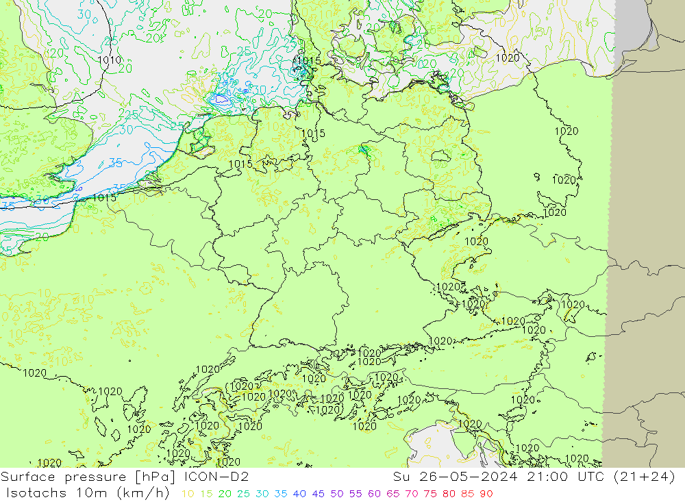 Isotachs (kph) ICON-D2 Su 26.05.2024 21 UTC