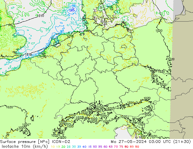 Izotacha (km/godz) ICON-D2 pon. 27.05.2024 03 UTC