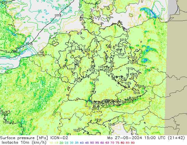 Izotacha (km/godz) ICON-D2 pon. 27.05.2024 15 UTC