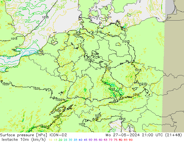 Isotachen (km/h) ICON-D2 Mo 27.05.2024 21 UTC