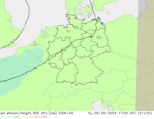 Corriente en chorro ICON-D2 dom 26.05.2024 17 UTC