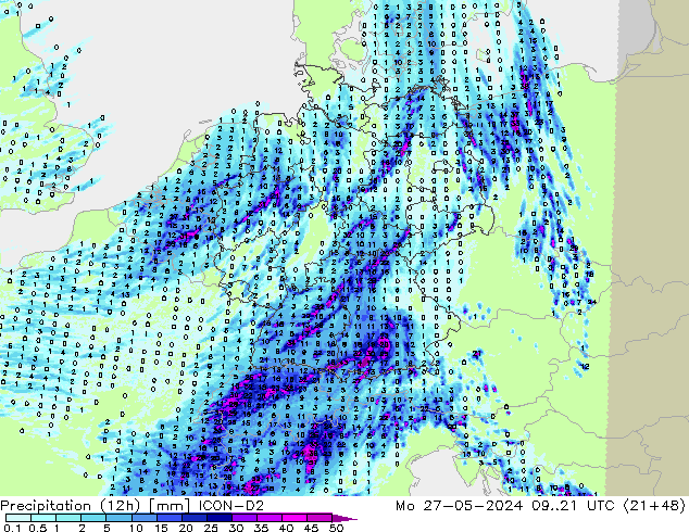 Precipitação (12h) ICON-D2 Seg 27.05.2024 21 UTC