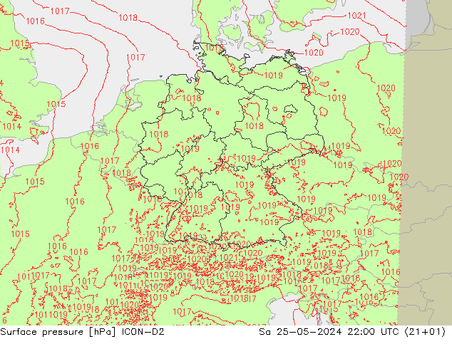 Presión superficial ICON-D2 sáb 25.05.2024 22 UTC