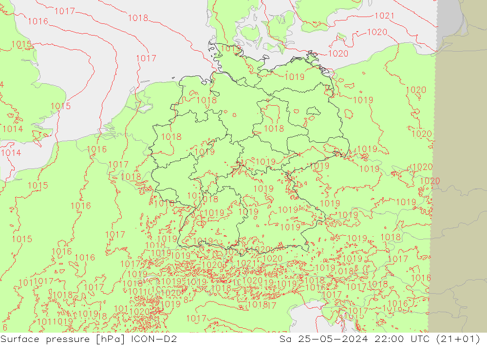 pressão do solo ICON-D2 Sáb 25.05.2024 22 UTC