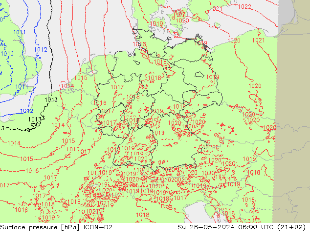 Pressione al suolo ICON-D2 dom 26.05.2024 06 UTC