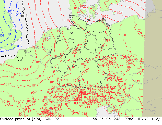 pressão do solo ICON-D2 Dom 26.05.2024 09 UTC