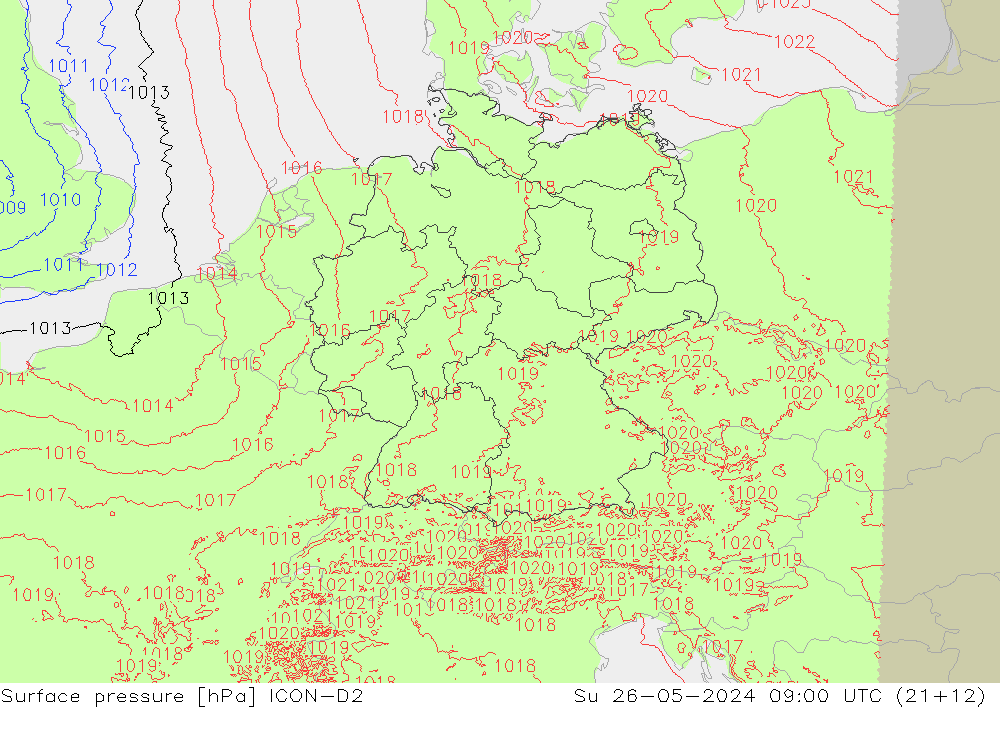 Presión superficial ICON-D2 dom 26.05.2024 09 UTC