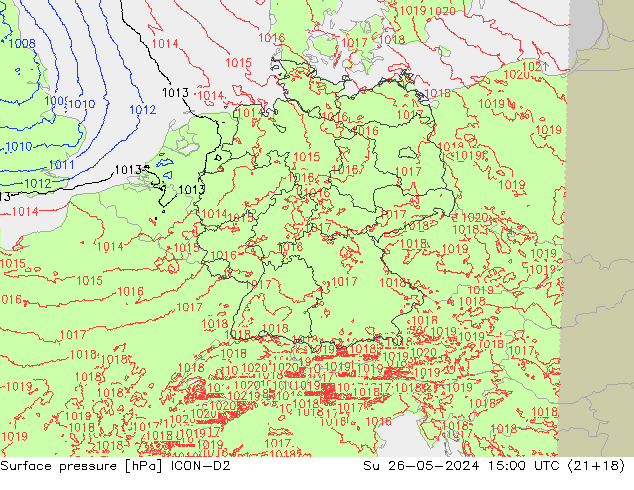 Luchtdruk (Grond) ICON-D2 zo 26.05.2024 15 UTC