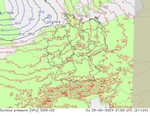 Luchtdruk (Grond) ICON-D2 zo 26.05.2024 21 UTC