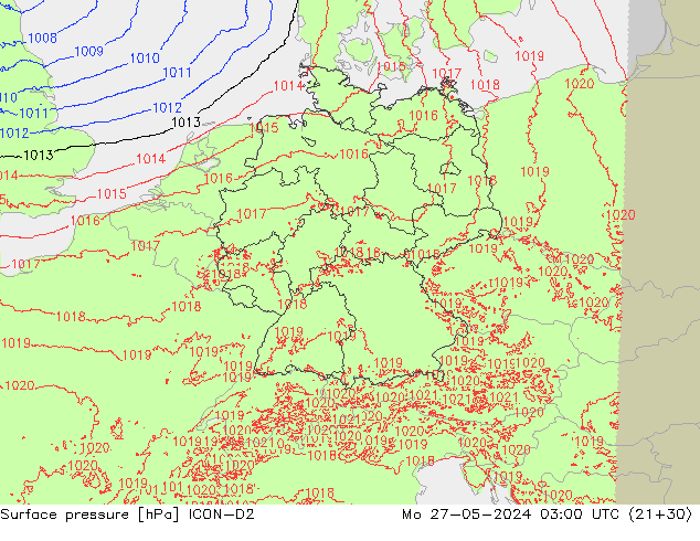 Surface pressure ICON-D2 Mo 27.05.2024 03 UTC