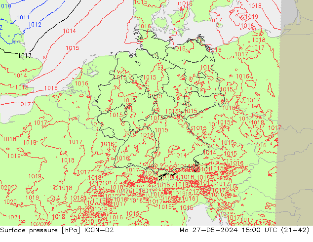 Surface pressure ICON-D2 Mo 27.05.2024 15 UTC