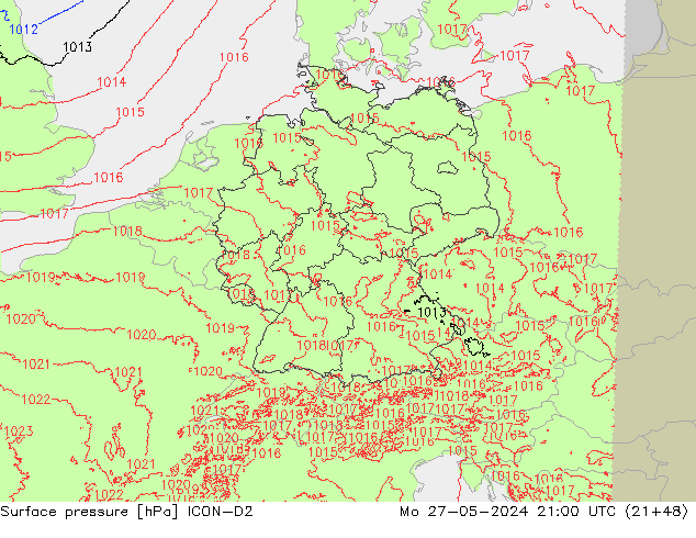 pression de l'air ICON-D2 lun 27.05.2024 21 UTC