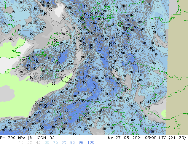 RH 700 hPa ICON-D2 Mo 27.05.2024 03 UTC