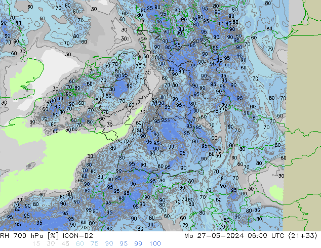 RH 700 hPa ICON-D2 Po 27.05.2024 06 UTC