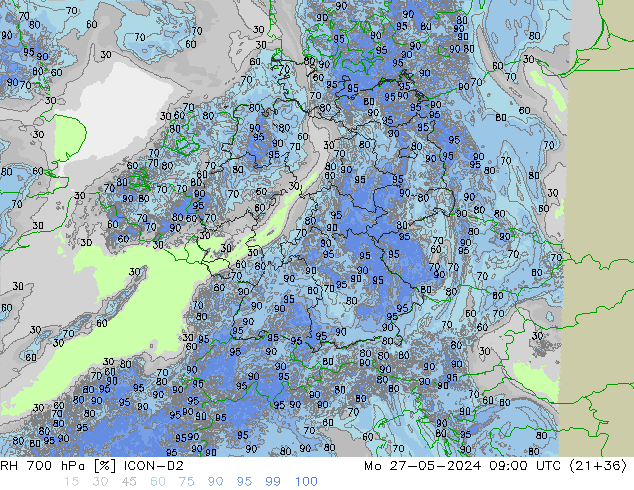 Humidité rel. 700 hPa ICON-D2 lun 27.05.2024 09 UTC