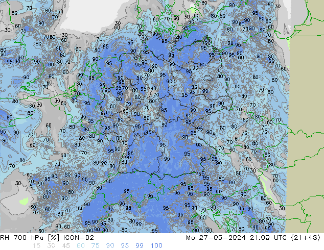 RH 700 hPa ICON-D2 Mo 27.05.2024 21 UTC