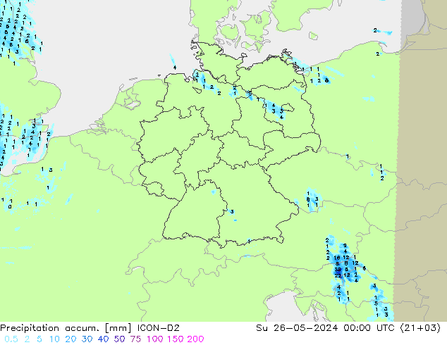 Precipitation accum. ICON-D2 dom 26.05.2024 00 UTC
