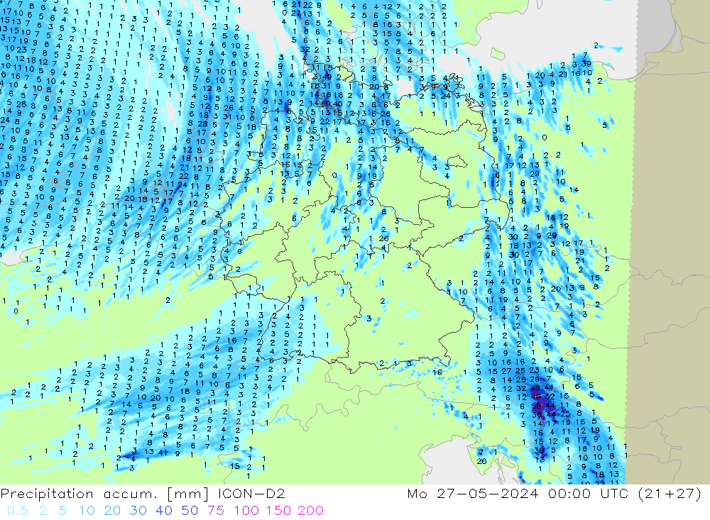 Precipitation accum. ICON-D2 pon. 27.05.2024 00 UTC