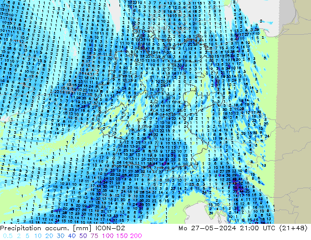 Precipitation accum. ICON-D2 Po 27.05.2024 21 UTC