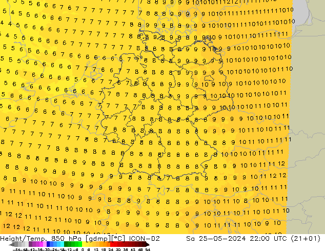 Height/Temp. 850 hPa ICON-D2 so. 25.05.2024 22 UTC