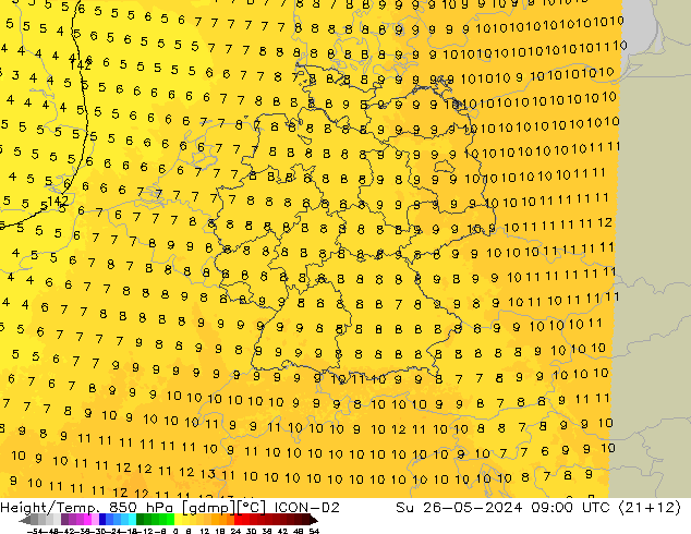 Height/Temp. 850 гПа ICON-D2 Вс 26.05.2024 09 UTC