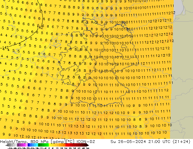 Height/Temp. 850 hPa ICON-D2 Dom 26.05.2024 21 UTC