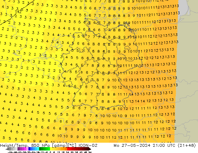 Height/Temp. 850 hPa ICON-D2 pon. 27.05.2024 21 UTC