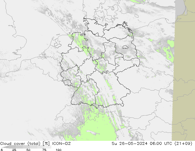 Cloud cover (total) ICON-D2 Ne 26.05.2024 06 UTC