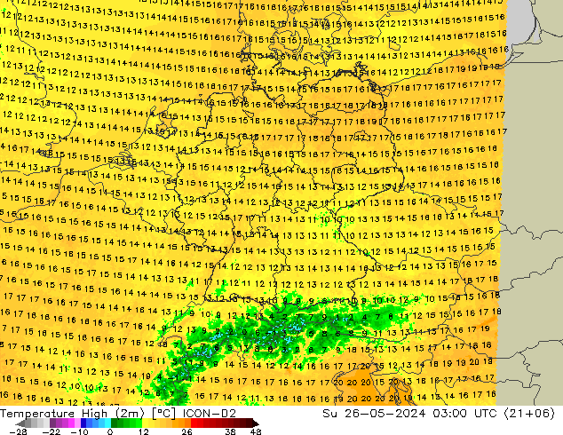 Temperature High (2m) ICON-D2 Su 26.05.2024 03 UTC