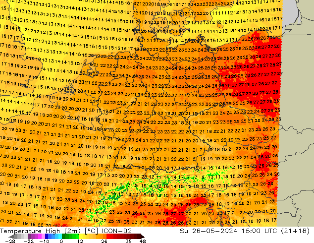 Nejvyšší teplota (2m) ICON-D2 Ne 26.05.2024 15 UTC