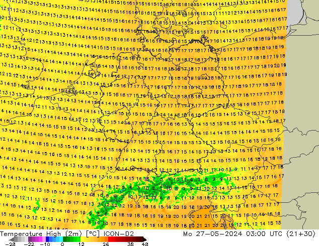 Max. Temperatura (2m) ICON-D2 pon. 27.05.2024 03 UTC
