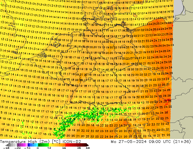 Temperature High (2m) ICON-D2 Mo 27.05.2024 09 UTC