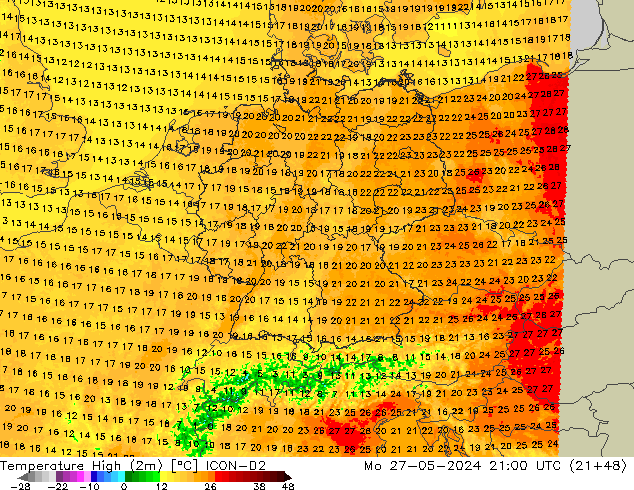 Max. Temperatura (2m) ICON-D2 pon. 27.05.2024 21 UTC