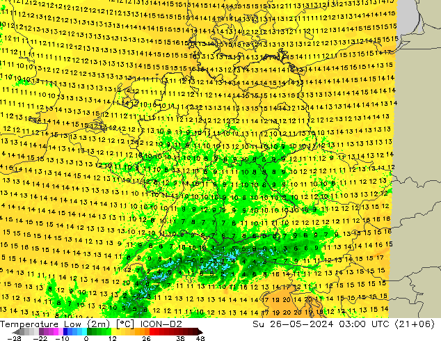 Min.temperatuur (2m) ICON-D2 zo 26.05.2024 03 UTC