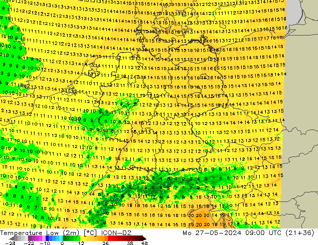température 2m min ICON-D2 lun 27.05.2024 09 UTC